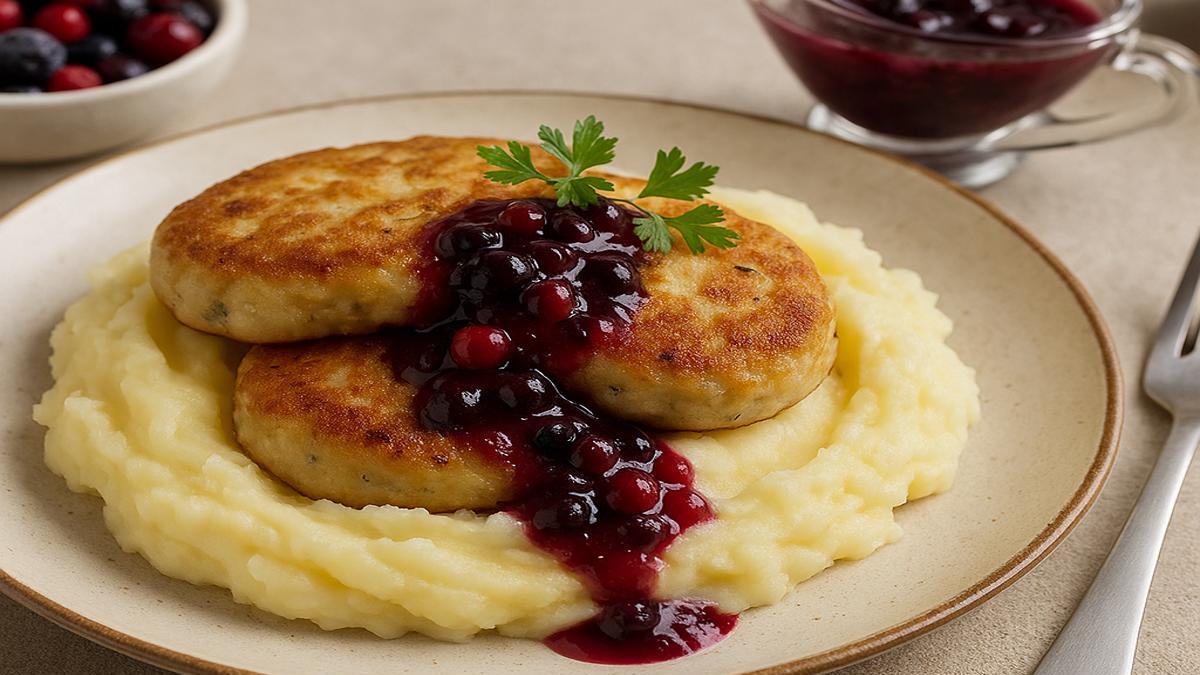 Рыбные котлеты с картофельным пюре и ягодной подливой Рыбные котлеты с картофельным пюре и ягодной подливой