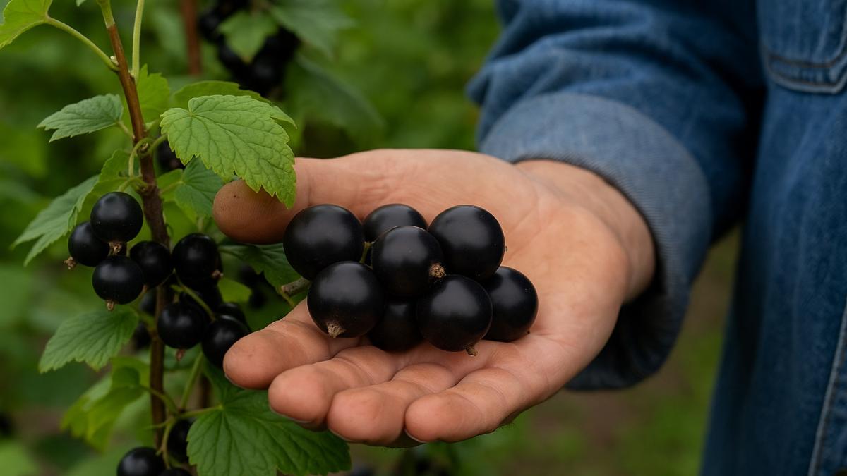 Крупные ягоды смородины на ладони