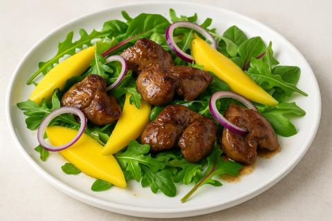 Диетологи советуют включать салат с куриной печенью и манго в рацион как источник железа и витаминов