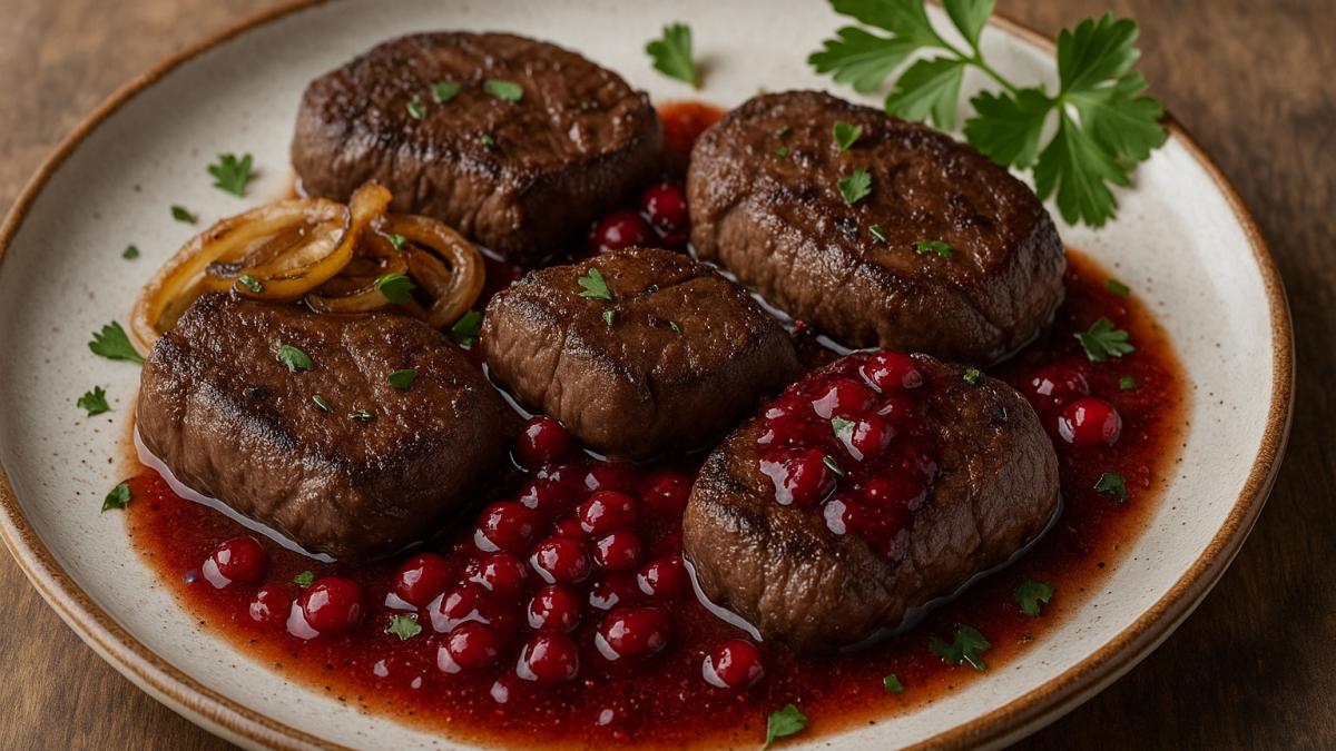 Оленина, жареная с брусничным вареньем