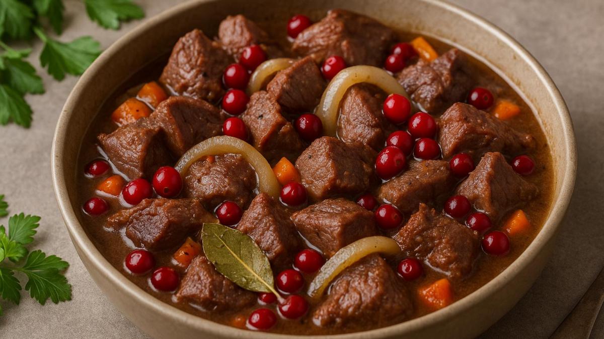 Оленина, тушёная с брусникой и луком