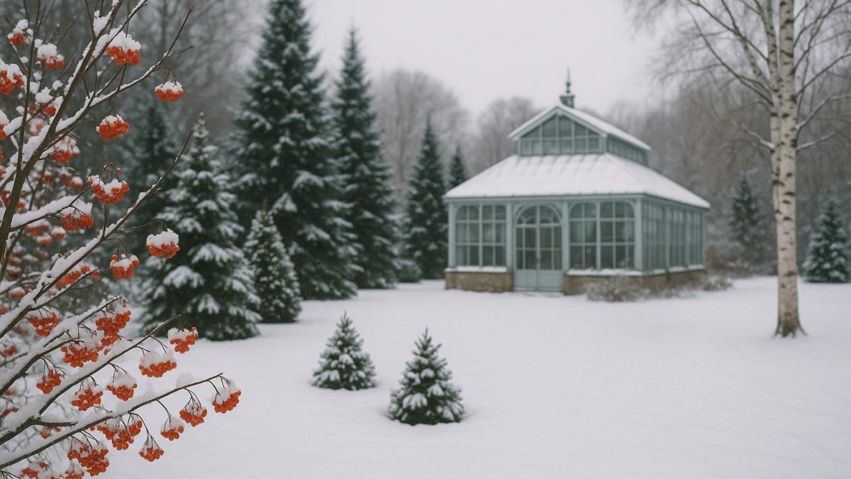 Оранжерея и хвойные деревья зимой