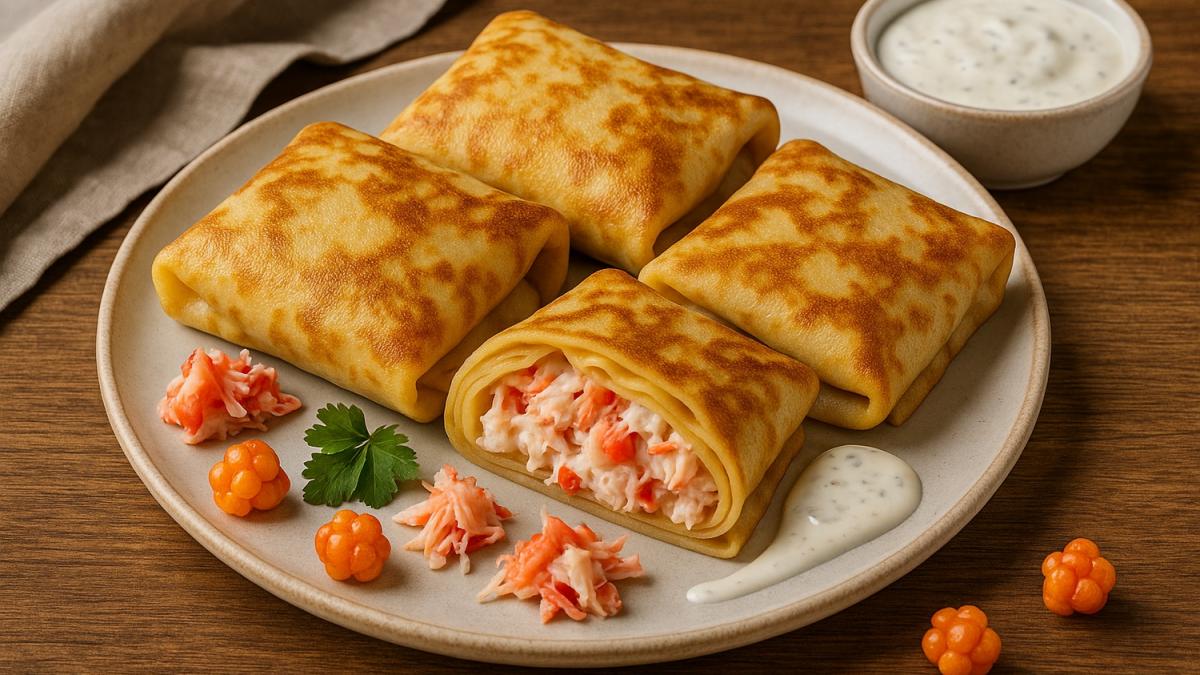 Блинчики с магаданским крабом и чесночным соусом