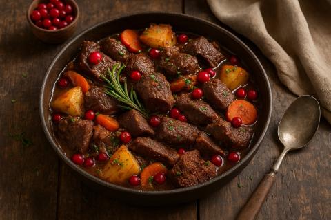 Жаркое из оленины с клюквой и овощами запекается с хлебом и специями — пошаговый рецепт