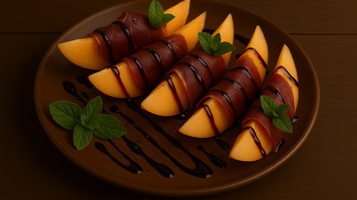Закуска из дыни с вяленой уткой