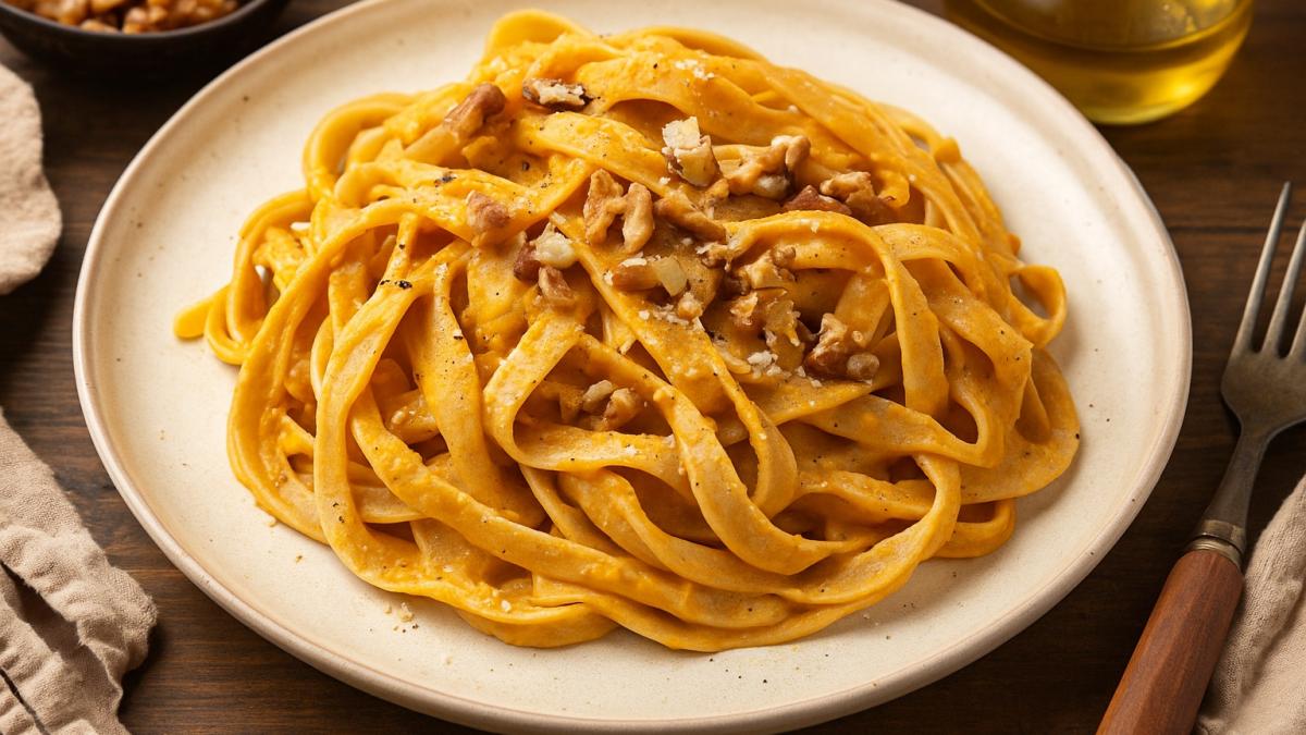 Паста с тыквенным соусом и орехами