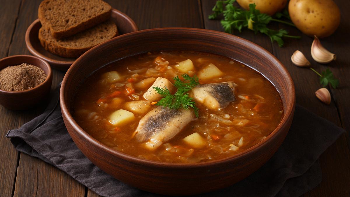 Щи с рыбой и ржаной мукой