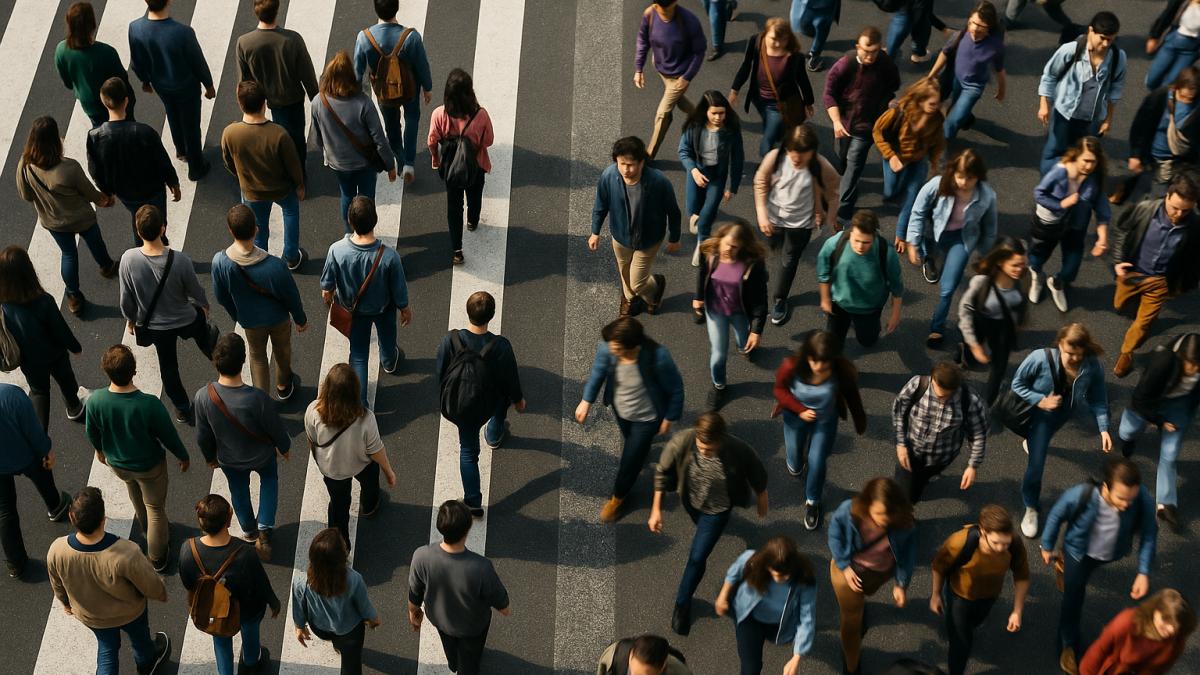 Плотная толпа на пешеходном переходе сверху
