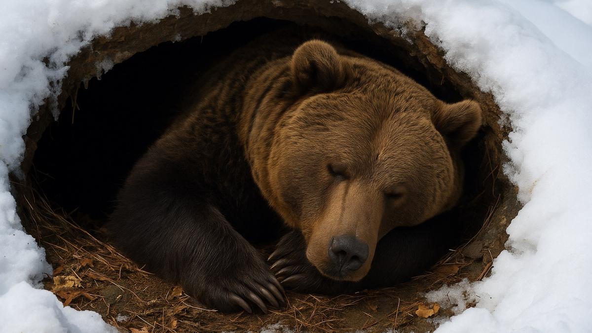 Бурый медведь в берлоге зимой