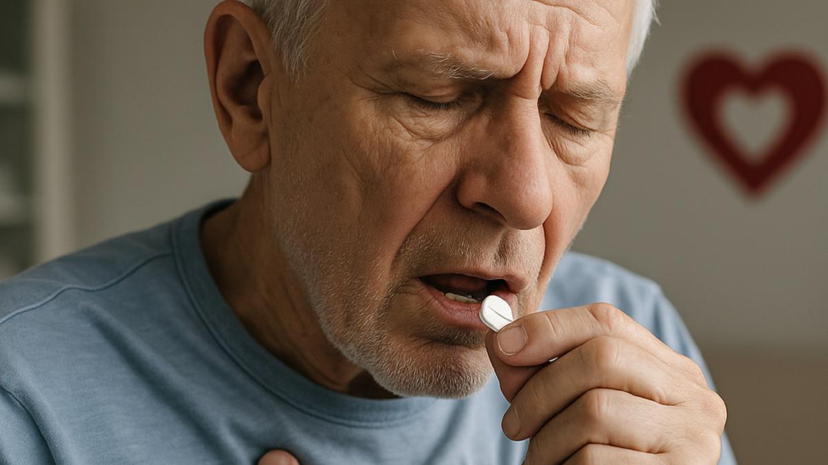 Пожилой человек принимает таблетку от сердца