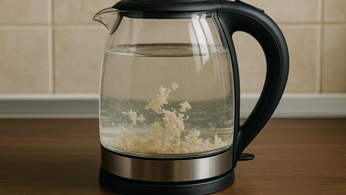 Прозрачный чайник с накипью на кухне