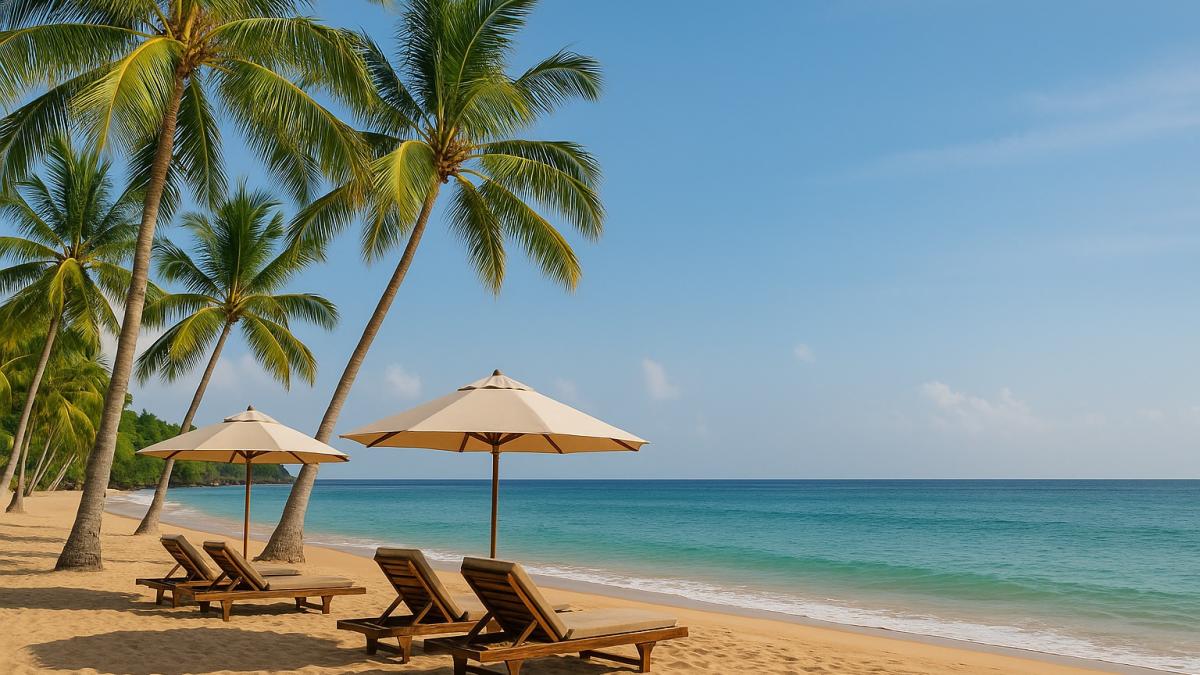 Пляж с пальмами и лежаками