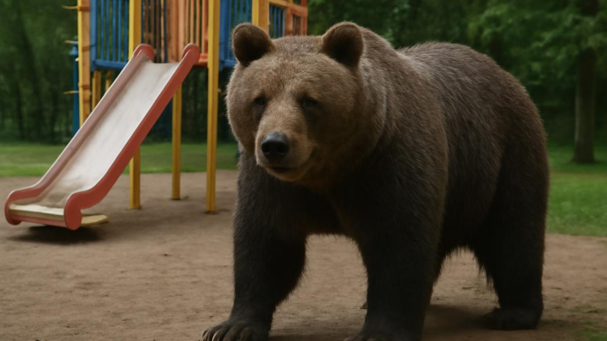 Дикий медведь на детской площадке