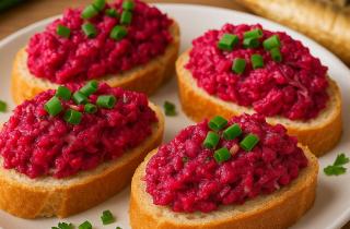 Брускетты со свеклой и солёной рыбой готовят за пять минут