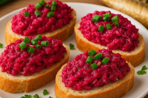 Брускетты со свеклой и солёной рыбой готовят за пять минут
