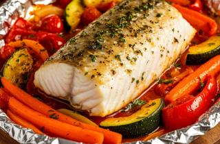 Запечённую треску по-поморски готовят слоями с овощами и сыром