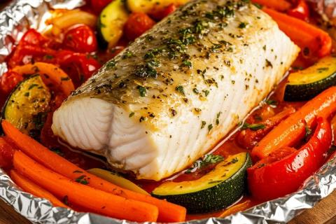 Запечённую треску по-поморски готовят слоями с овощами и сыром