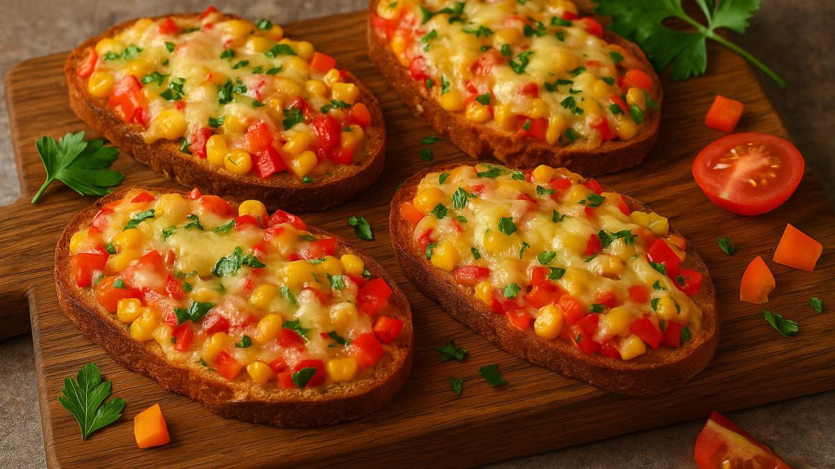 Горячие бутерброды с кукурузой, перцем, томатами и сыром Горячие бутерброды с кукурузой, перцем, томатами и сыром