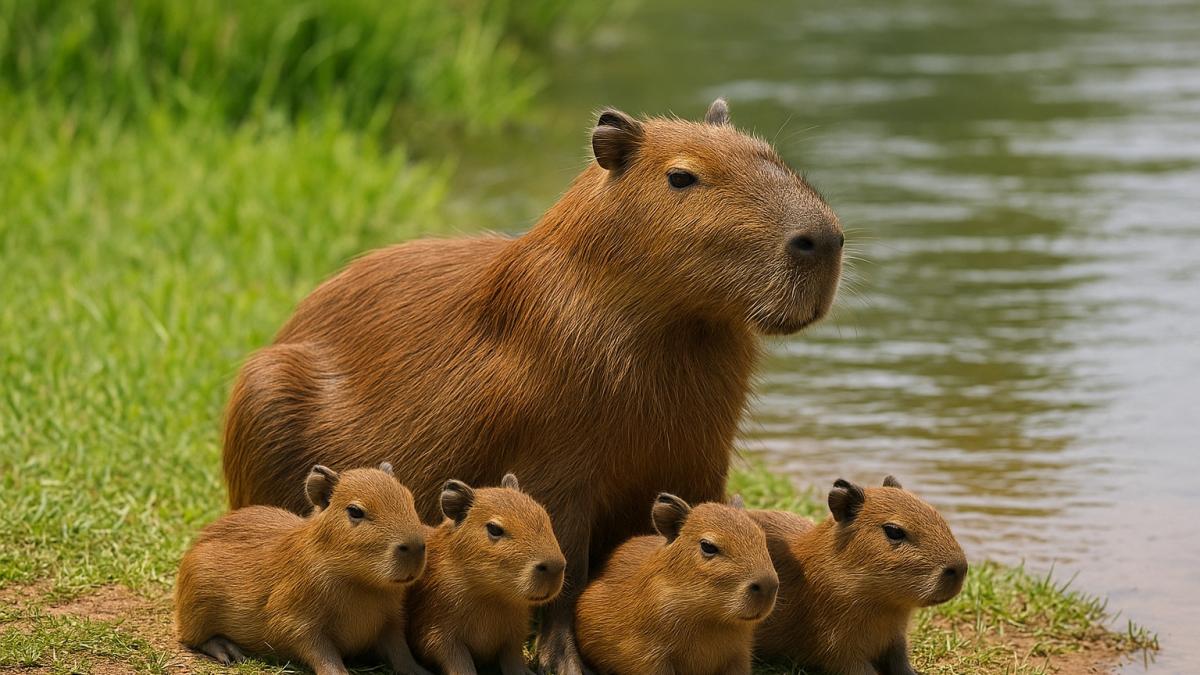 Самка капибары с детёнышами