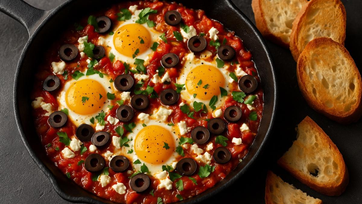 Шакшука с перцем, фетой и оливками Шакшука с перцем, фетой и оливками