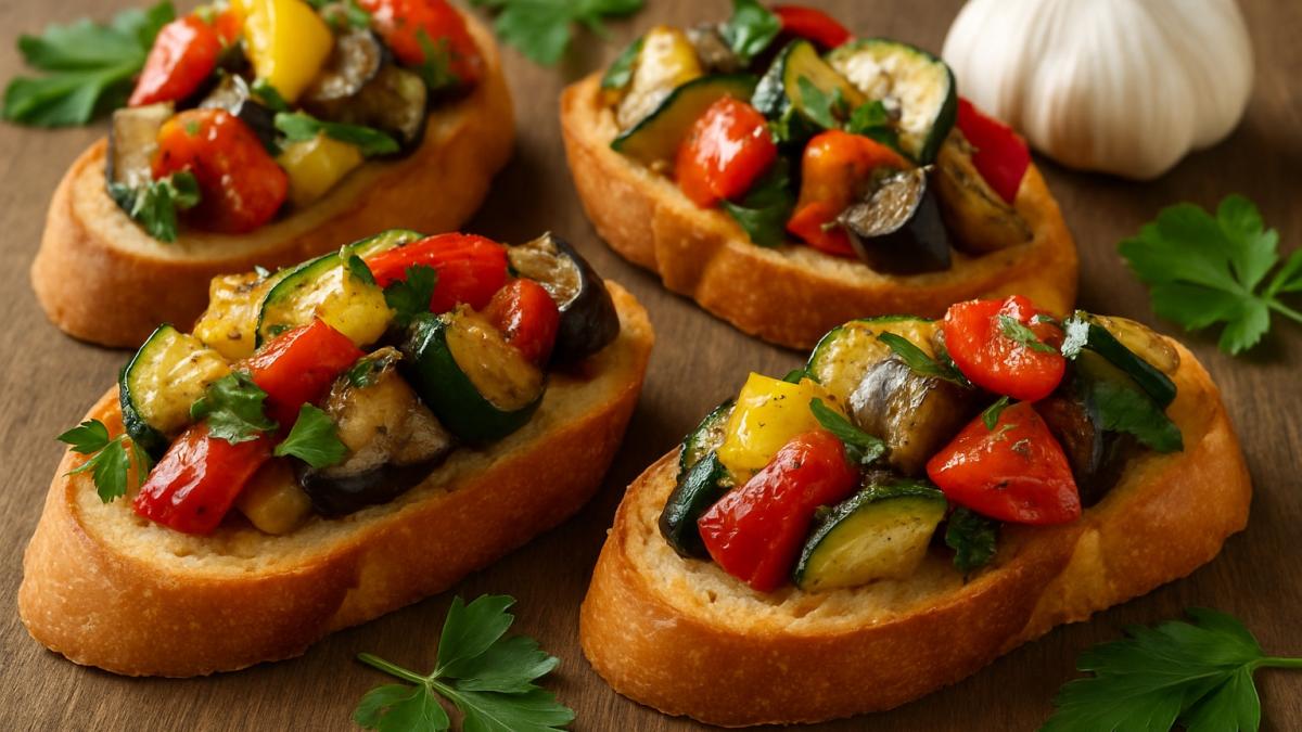 Брускетта с печёными овощами и чесноком Брускетта с печёными овощами и чесноком