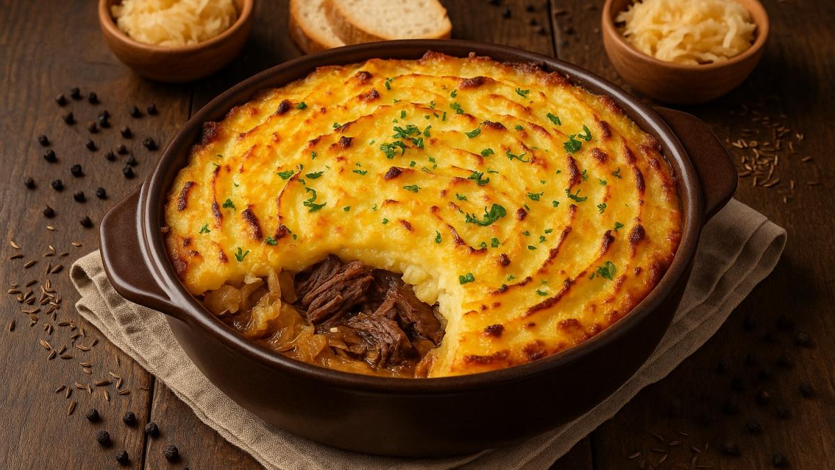 Запеканка из говядины с кислой капустой и картофелем