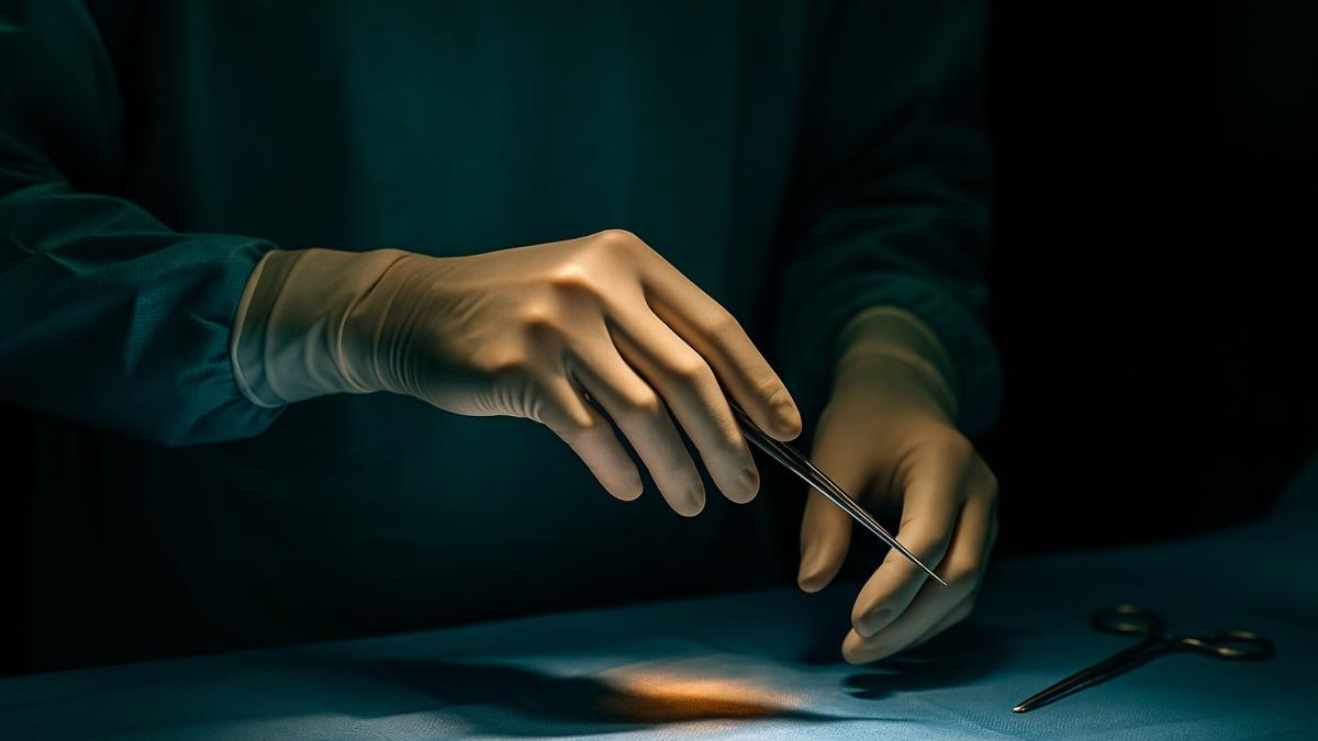 Руки хирурга с инструментом