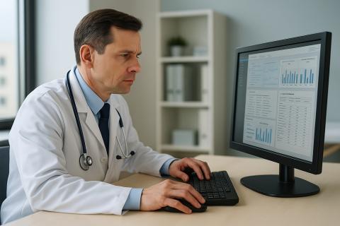Врач анализирует данные пациента на компьютере