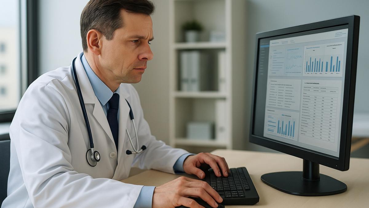 Врач анализирует данные пациента на компьютере