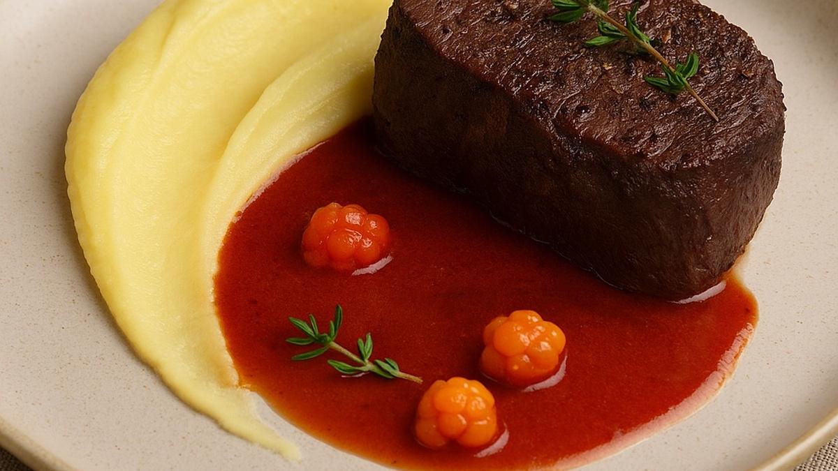 Оленина с морошковым соусом и пюре из репы