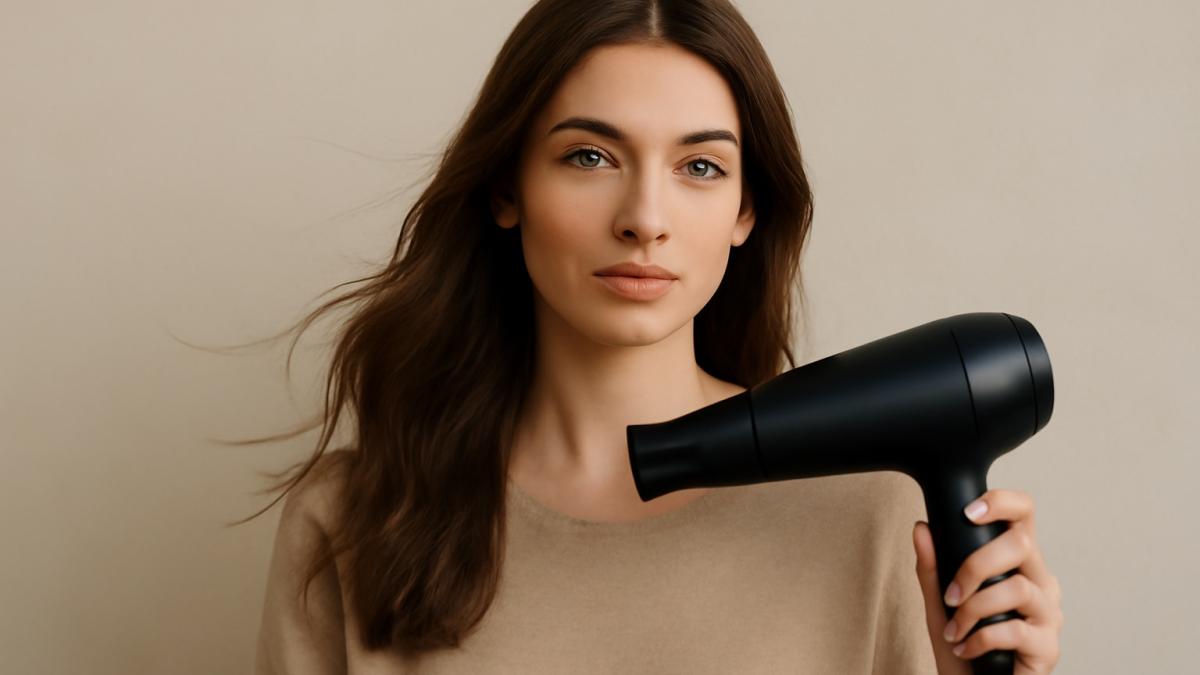 Девушка с феном для волос в руках.