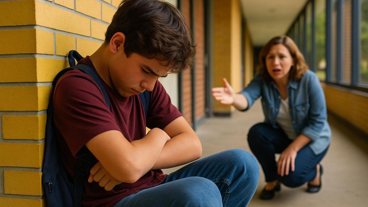 Подросток сидит у стены школы, мать пытается поговорить
