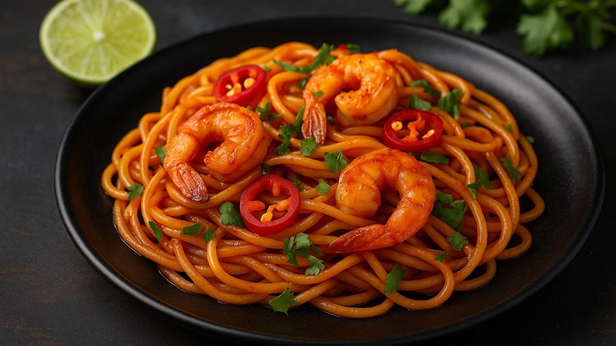Лапша с креветками и острым соусом