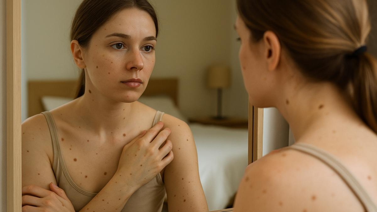 Девушка смотрится в зеркало и проверяет родинки