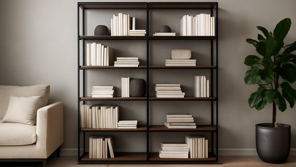 Современная гостиная с книжным стеллажом