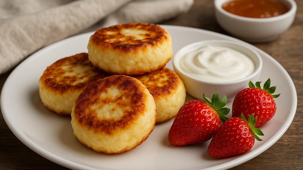 Домашние сырники со сметаной и клубникой