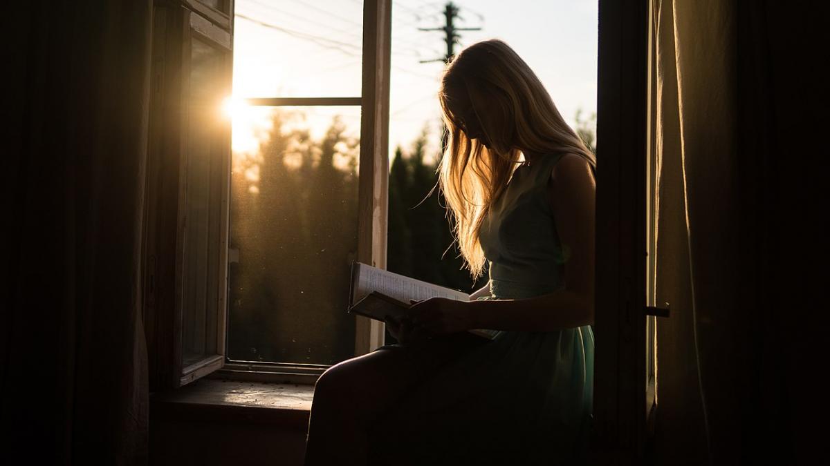 Девушка читает книгу в полумраке Девушка читает книгу в полумраке