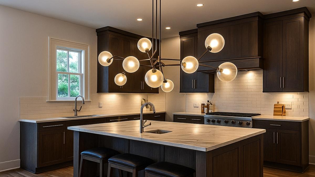 Современная кухня с дизайнерской люстрой Современная кухня с дизайнерской люстрой