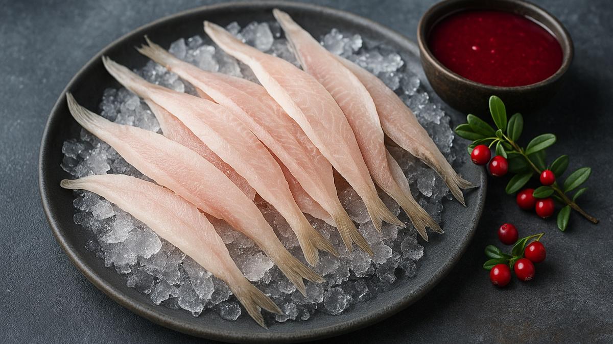 Строганина из муксуна с брусничным соусом