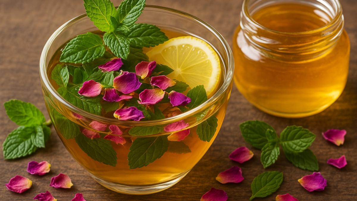 Мятный чай с лепестками розы и медом Мятный чай с лепестками розы и медом