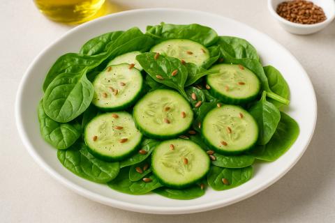 Салат из огурца, шпината и семян льна