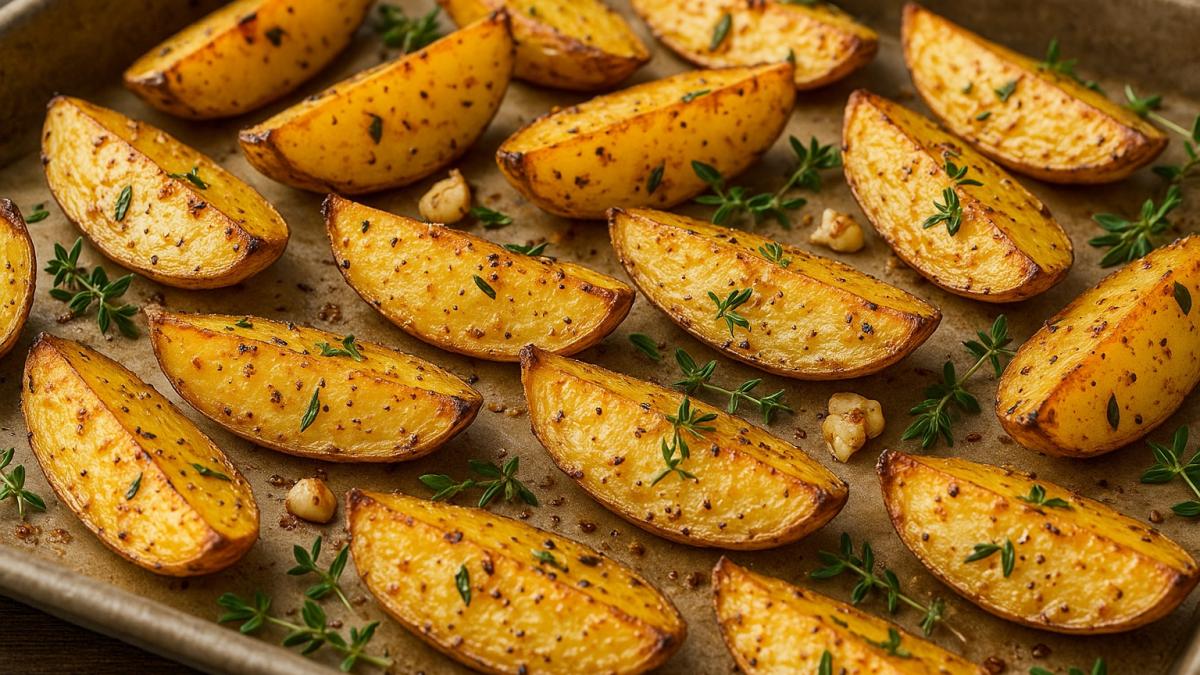 Запечённые картофельные дольки с чесноком и тимьяном Запечённые картофельные дольки с чесноком и тимьяном