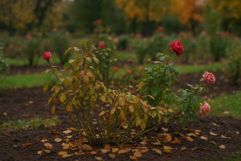Сгибание длинных побегов защищает розы от снега и ветра зимой