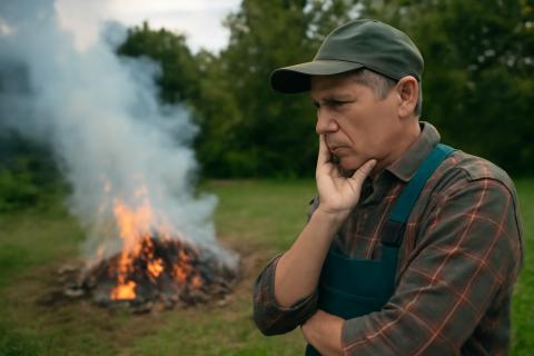 Садовод наблюдает за сжиганием травы