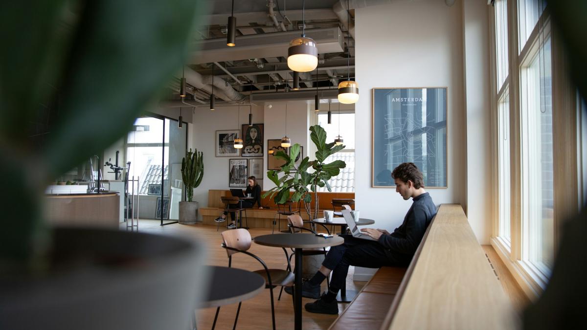 Фрилансер работает за ноутбуком, сидя в кафе