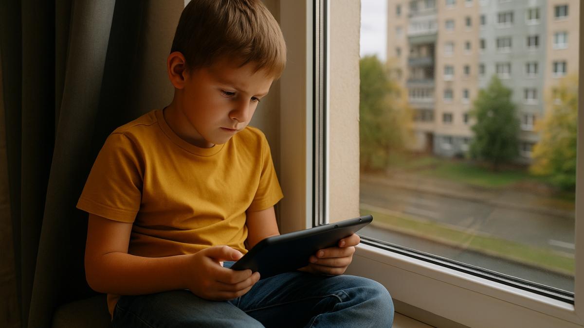 Мальчик с планшетом у окна