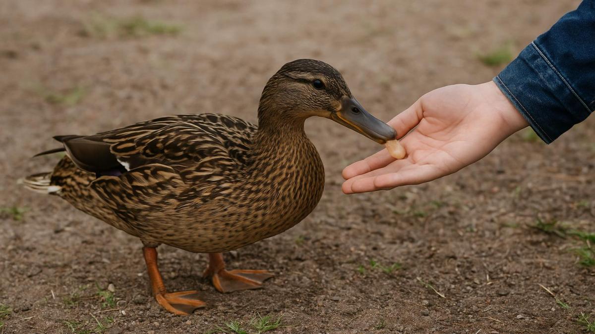 Человек кормит утку