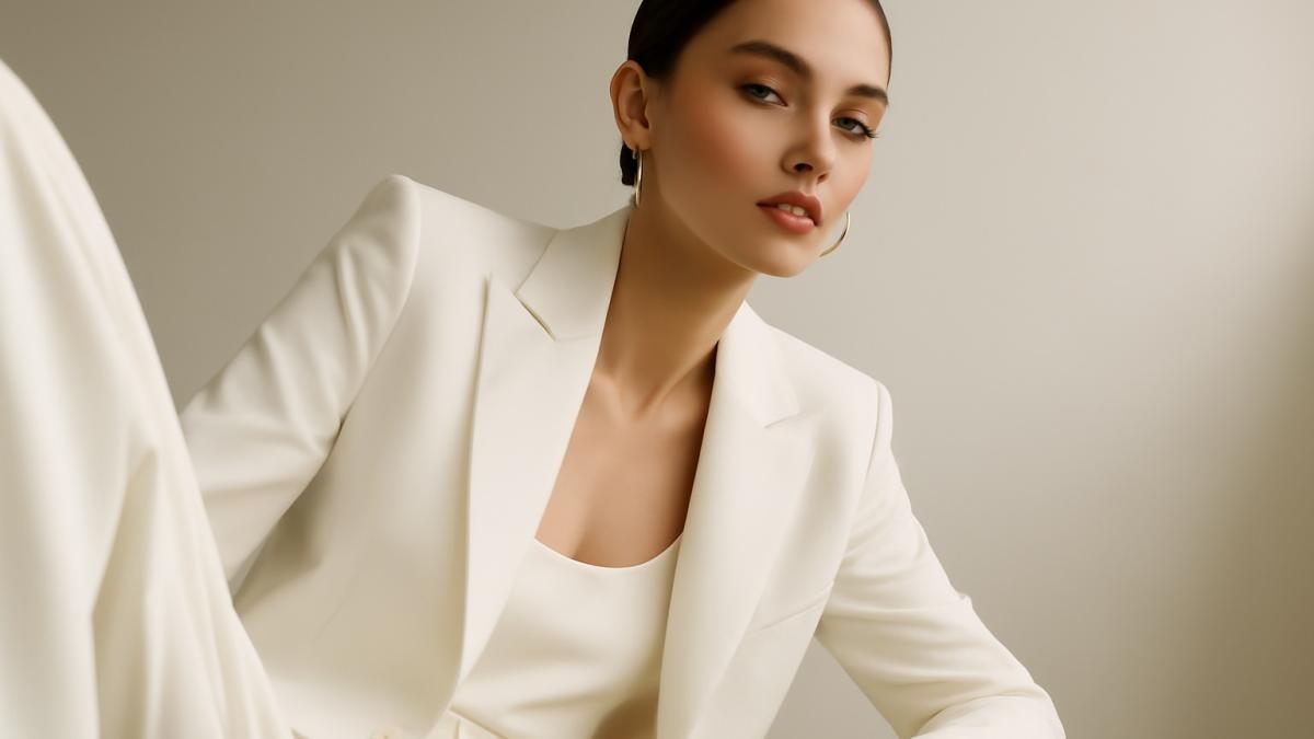 Девушка в свадебном костюме белого цвета