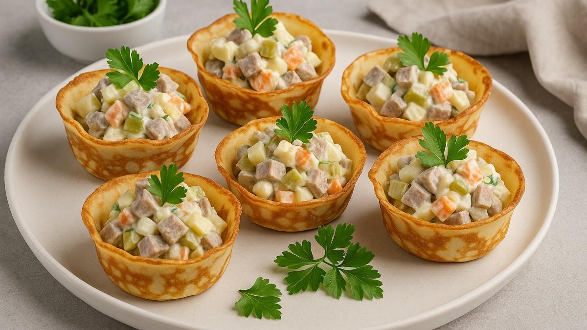 Салат из языка в корзинках из блинов