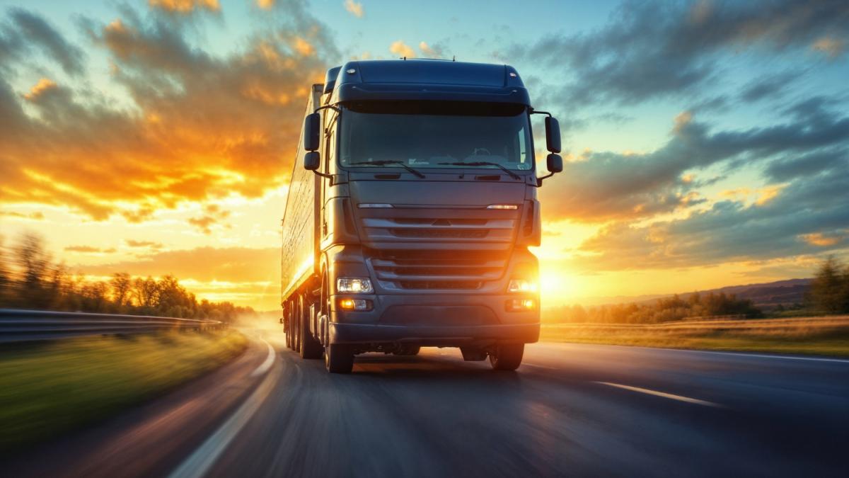 Грузовой автомобиль (фура) едет по трассе на закате